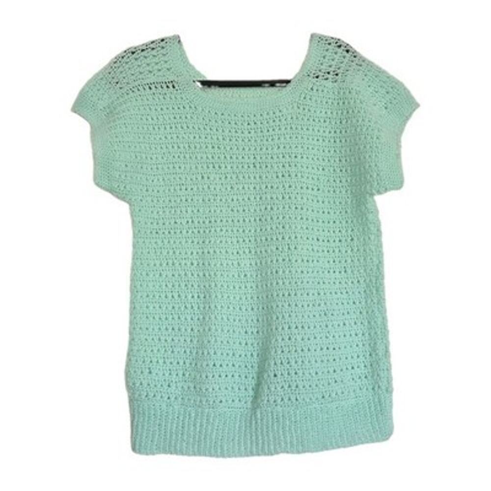 Vtg Handmade Knit Sweater Womens M Mint Green Grandmacore Cottage 80s Coquette